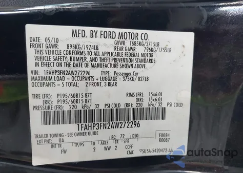 2010 Ford Focus Se z USA, uszkodzony, nr VIN 1FAHP3FN2AW272296